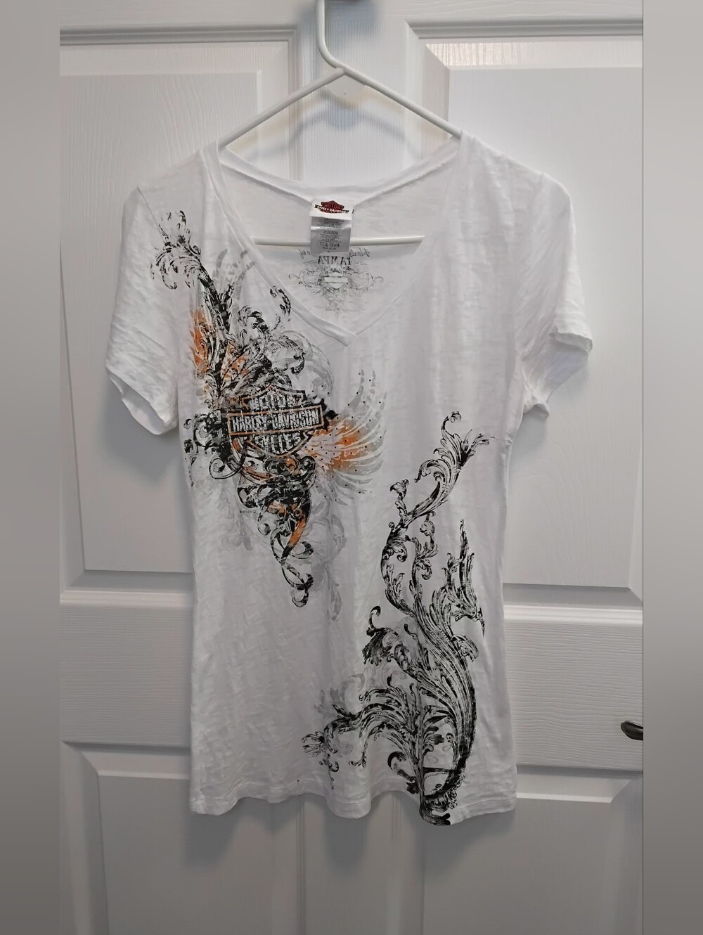 Harley-Davidson White Short Sleeve V-Neck Tee with Black & Orange Graphic